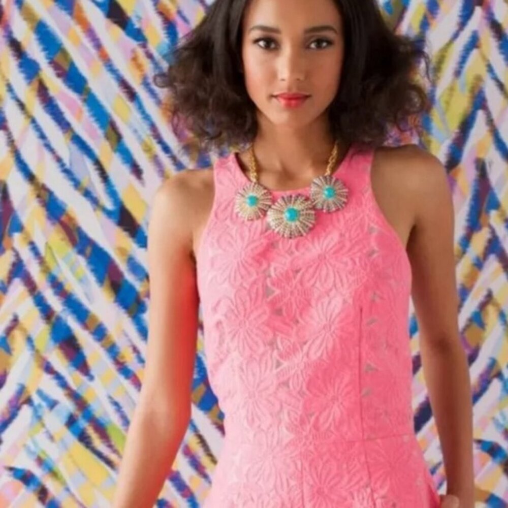 TRINA TURK DRESSES Tabatha Pink Lace Brocade Romper Organza‎ Halter Racer Back 8